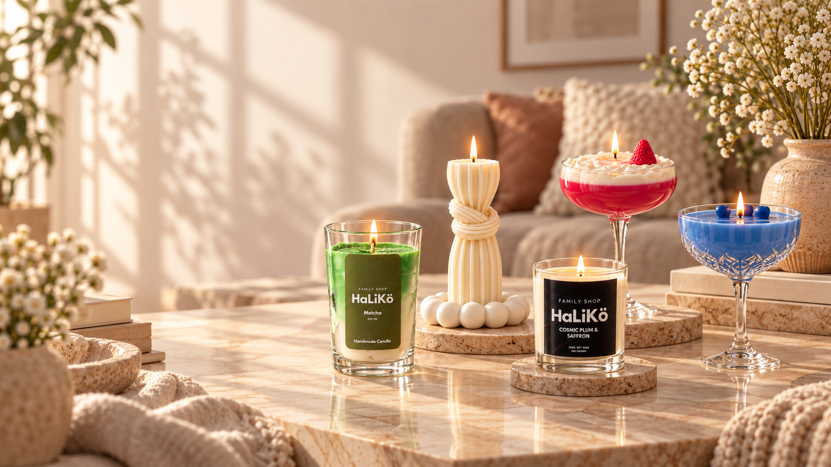 Handgemaakte HaLiKö-kaarsen op een salontafel in een warm interieur
