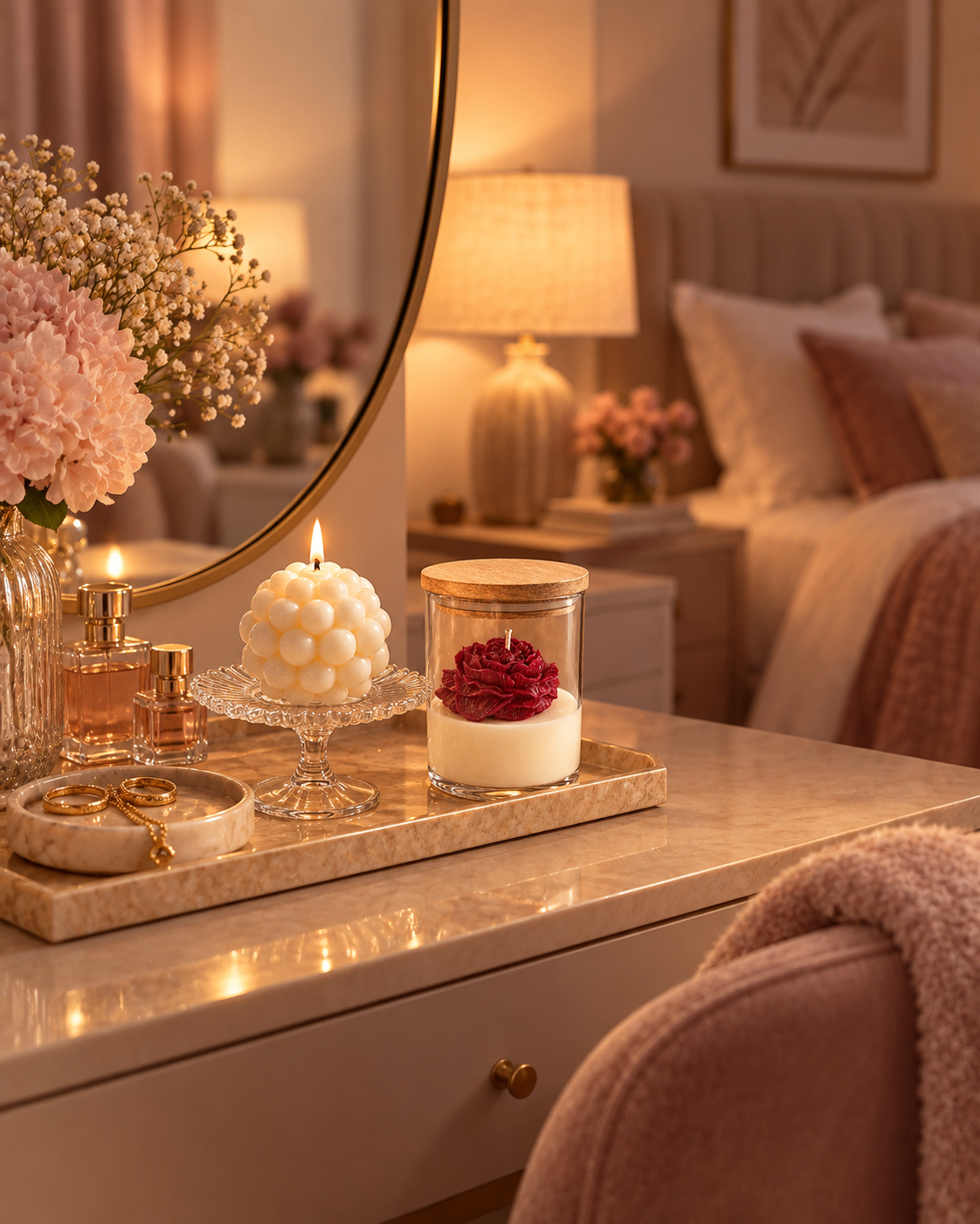 Bubblekaars en rode bloemkaars op een marmeren kaptafel in een warm interieur